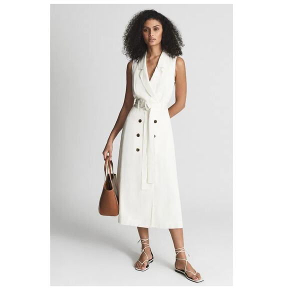 Reiss Mariah Linen Blend Belted Button Midi Dress Size US/6 - Picture 4 of 11